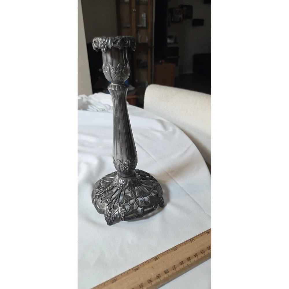 Antique Art Nouveau Grape Vine Candlestick Pewter Pierced Base 9